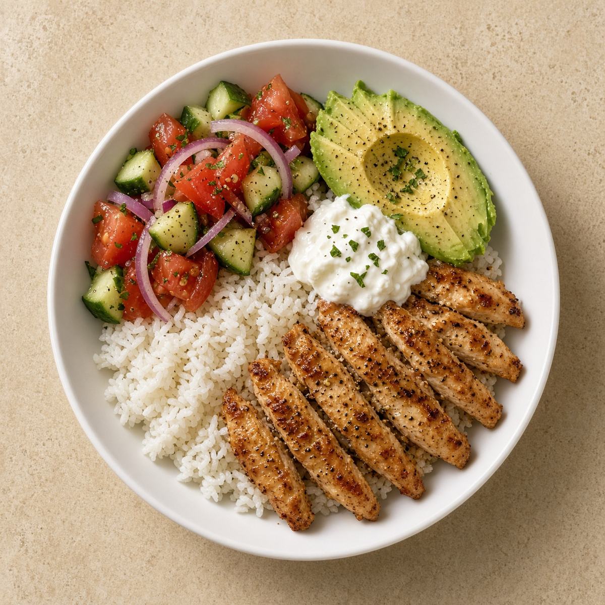 Puten-Reis-Bowl mit Joghurt-Soße
