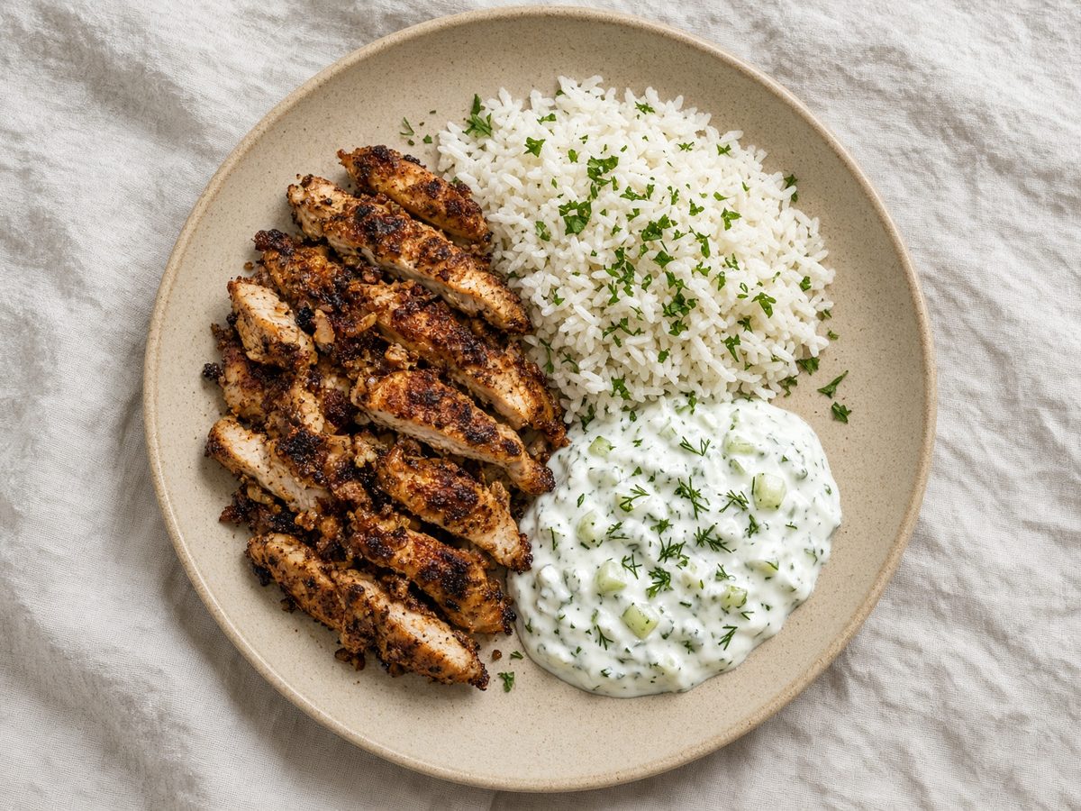 Hähnchen-Gyros mit Tzatziki und Reis