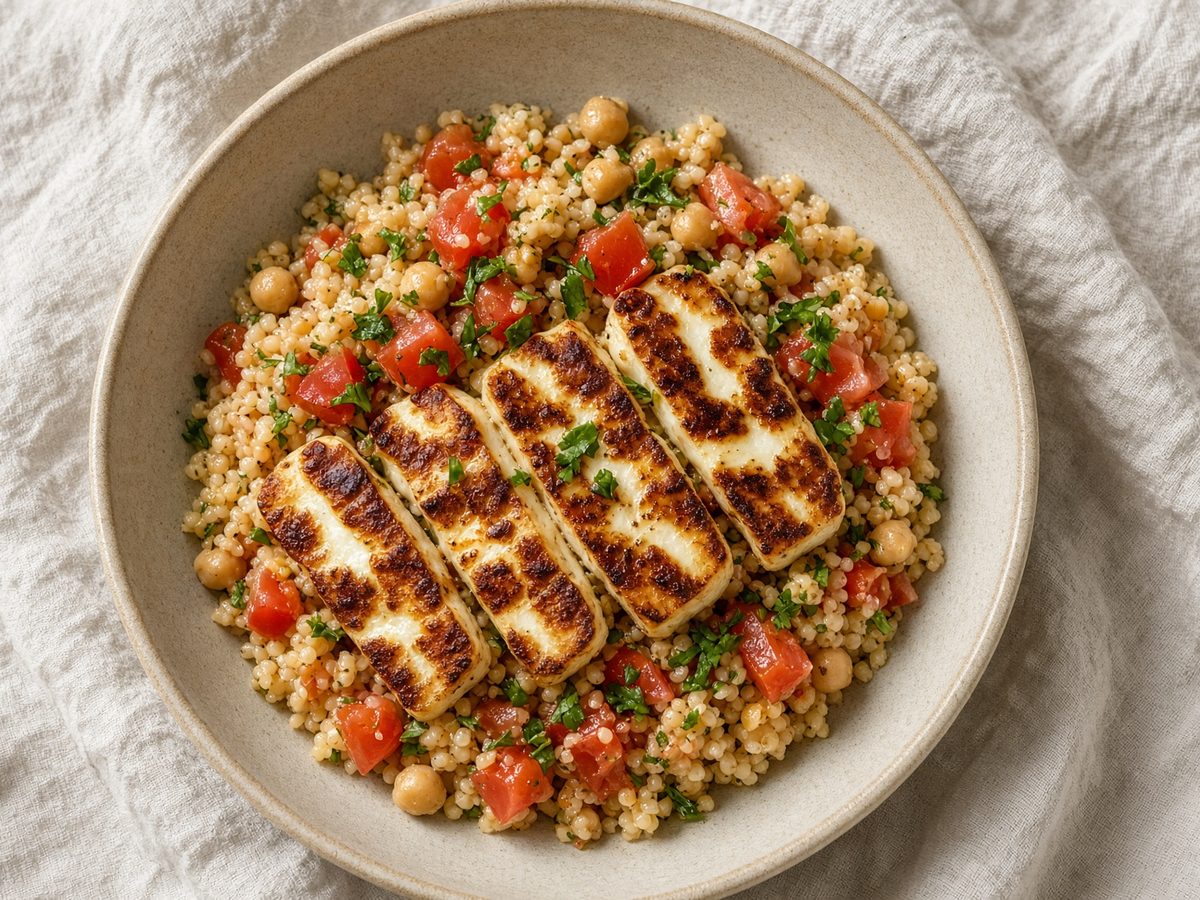 Halloumi-Couscous-Bowl mit Kichererbsen