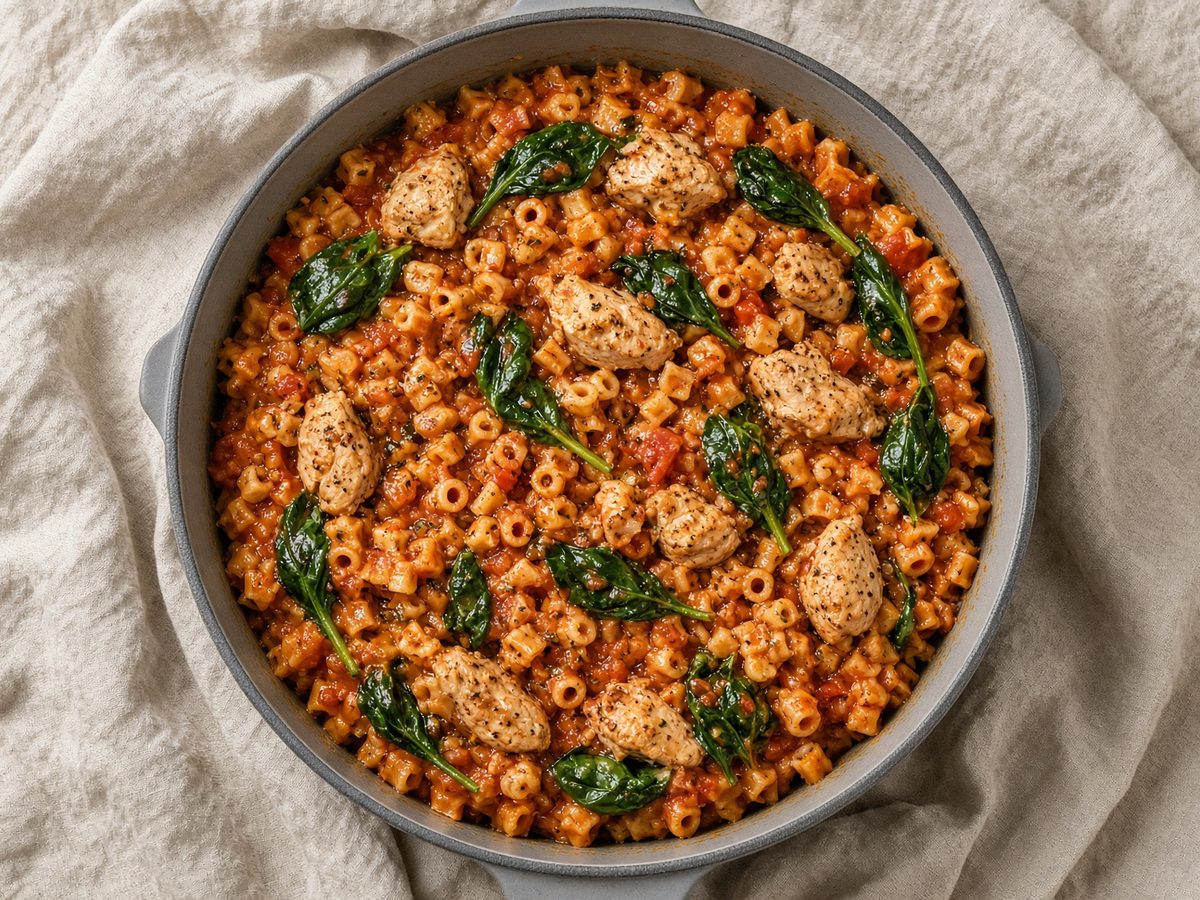 One-Pot-Pasta mit Hähnchen und Spinat